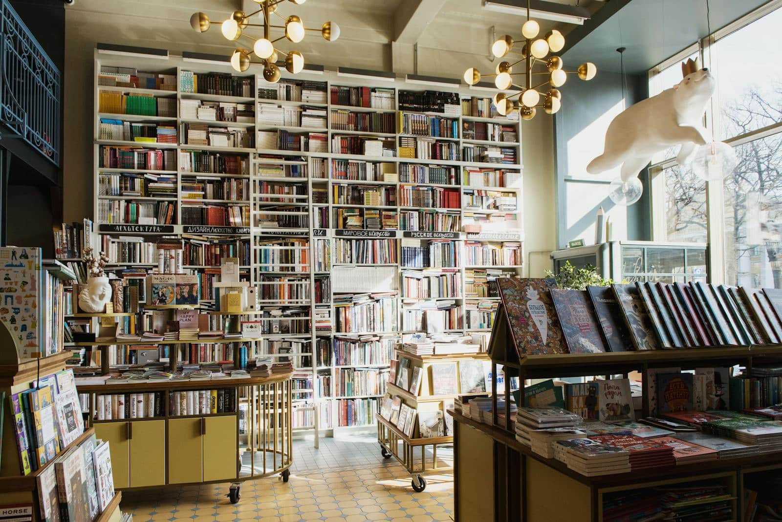 Bright and inviting bookstore interior featuring tall bookshelves filled with diverse books and a whimsical ceiling decor. christian book publishers
